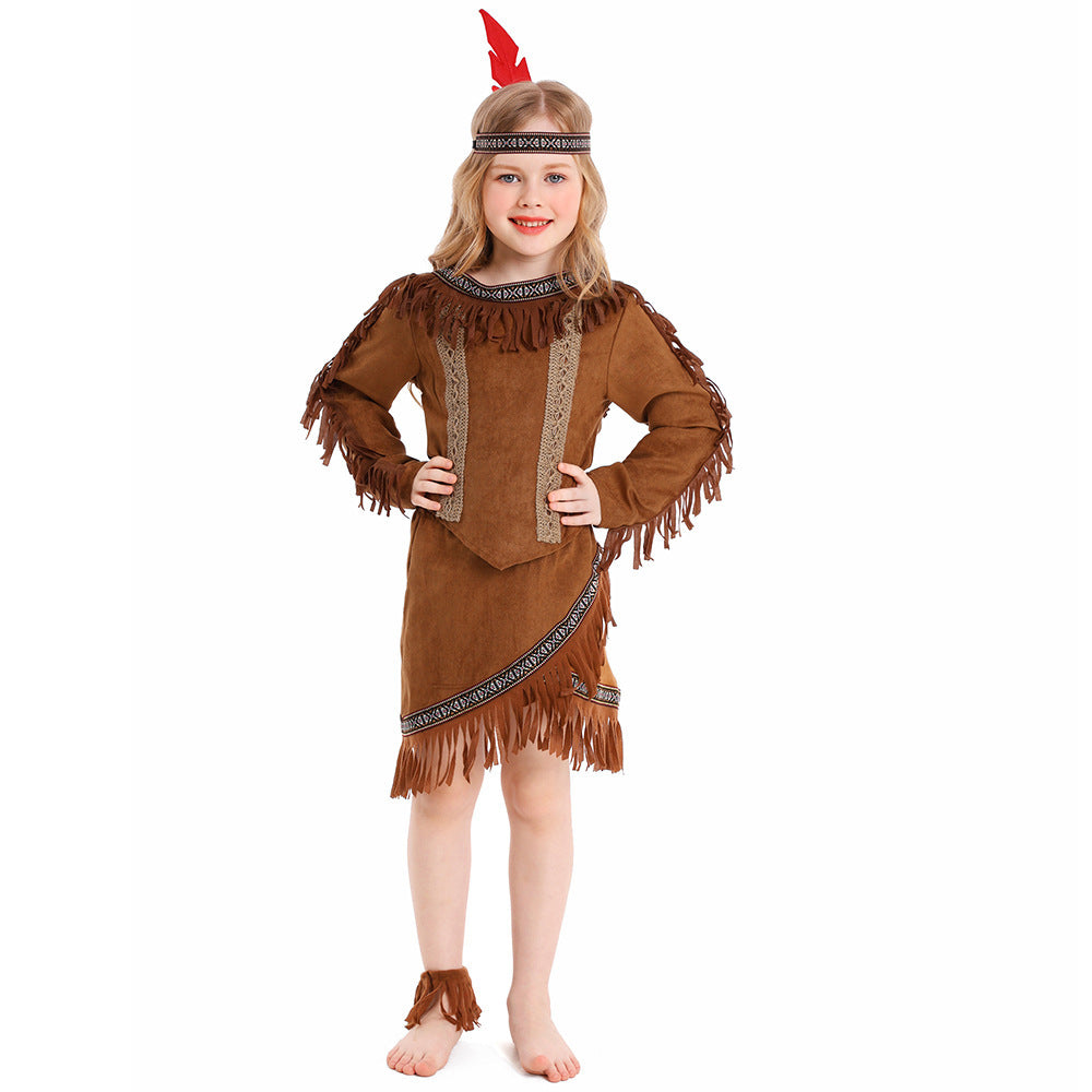 Girls brown fringe Halloween costume set with tunic top, asymmetric skirt, red feather headband and ankle cuffs - view 5