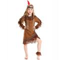 Girls brown fringe Halloween costume set with tunic top, asymmetric skirt, red feather headband and ankle cuffs - view 6