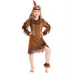 Girls brown fringe Halloween costume set with tunic top, asymmetric skirt, red feather headband and ankle cuffs - view 6