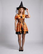 Women's orange spiderweb print witch costume with lace-up corset-style bodice and satin bows