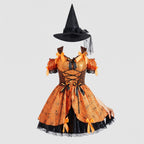 Women's orange spiderweb print witch costume with lace-up corset-style bodice and satin bows - view 4