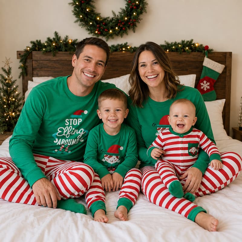 Matching family Christmas pajamas with green elf slogan tops and striped pants