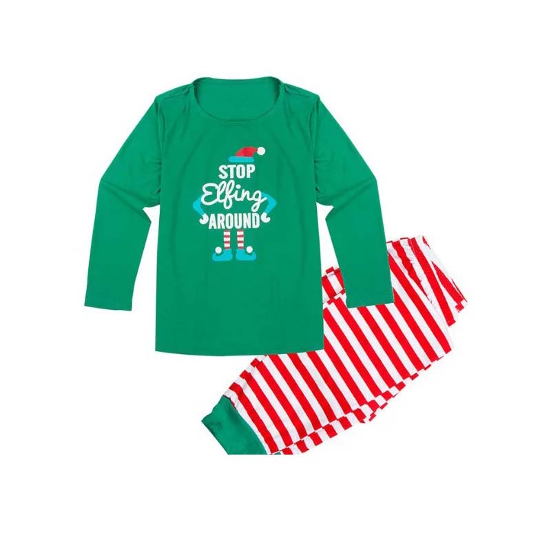 Matching family Christmas pajamas with green elf slogan tops and striped pants - view 10