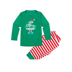 Matching family Christmas pajamas with green elf slogan tops and striped pants - view 10