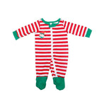 Matching family Christmas pajamas with green elf slogan tops and striped pants - view 11