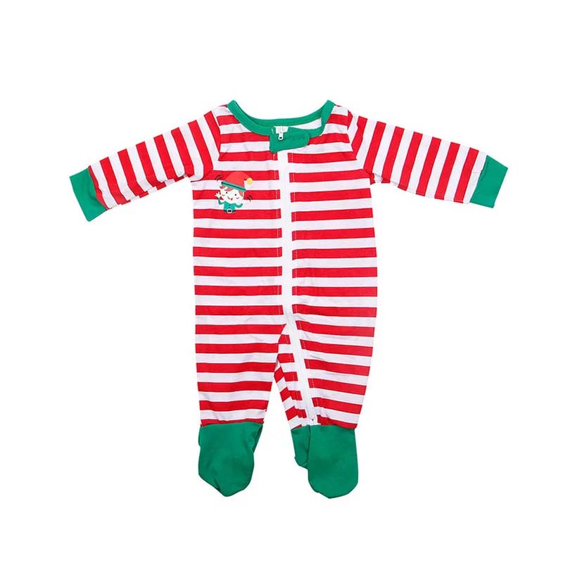 Matching family Christmas pajamas with green elf slogan tops and striped pants - view 11