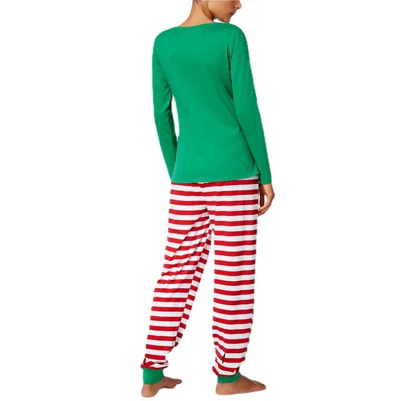 Matching family Christmas pajamas with green elf slogan tops and striped pants - view 8
