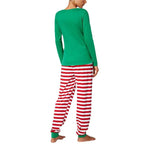 Matching family Christmas pajamas with green elf slogan tops and striped pants - view 8