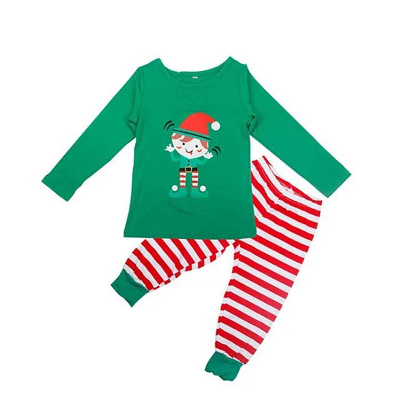 Matching family Christmas pajamas with green elf slogan tops and striped pants - view 9