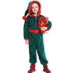 Girl wearing a green plush Christmas elf costume jumpsuit with red-trimmed pointed hood, pom-pom and red buckle belt