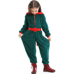 Girl wearing a green plush Christmas elf costume jumpsuit with red-trimmed pointed hood, pom-pom and red buckle belt - view 2