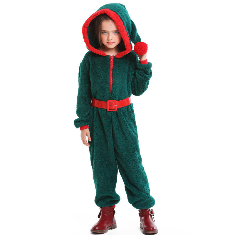 Girl wearing a green plush Christmas elf costume jumpsuit with red-trimmed pointed hood, pom-pom and red buckle belt - view 3