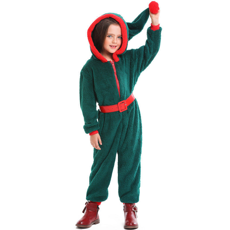 Girl wearing a green plush Christmas elf costume jumpsuit with red-trimmed pointed hood, pom-pom and red buckle belt - view 4