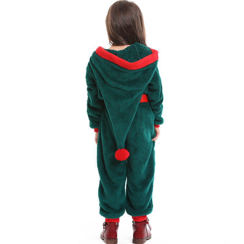 Girl wearing a green plush Christmas elf costume jumpsuit with red-trimmed pointed hood, pom-pom and red buckle belt - view 5