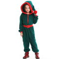 Girl wearing a green plush Christmas elf costume jumpsuit with red-trimmed pointed hood, pom-pom and red buckle belt - view 6