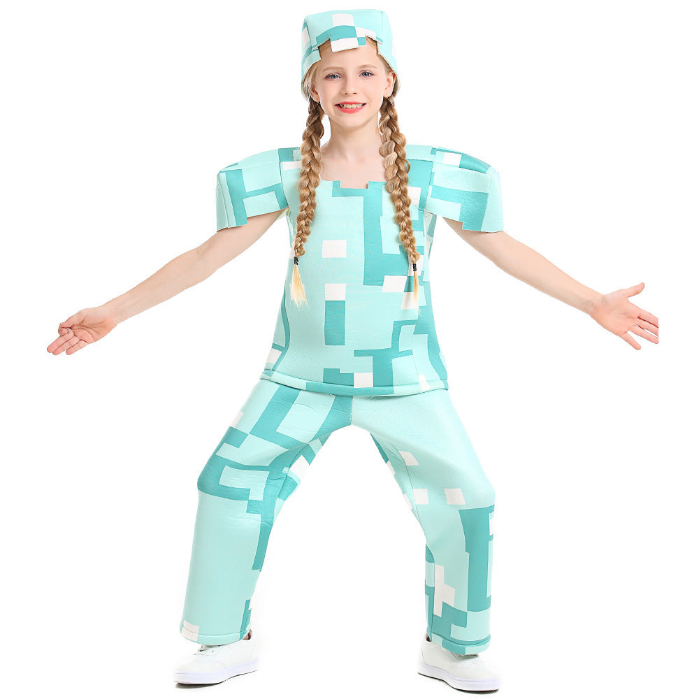 Kids pixel block print Halloween costume with boxy top, wide-leg pants and cube hat