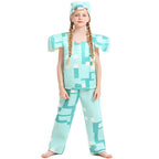 Kids pixel block print Halloween costume with boxy top, wide-leg pants and cube hat - view 2