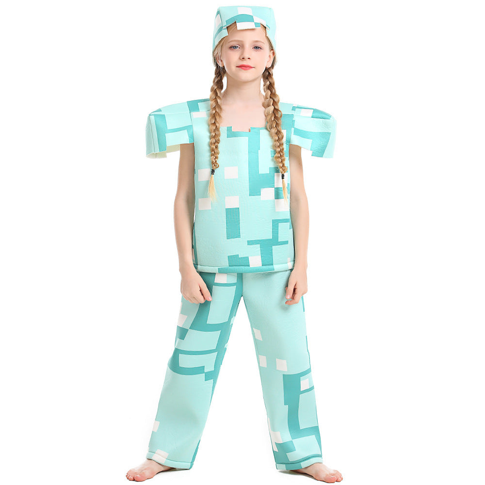 Kids pixel block print Halloween costume with boxy top, wide-leg pants and cube hat - view 2