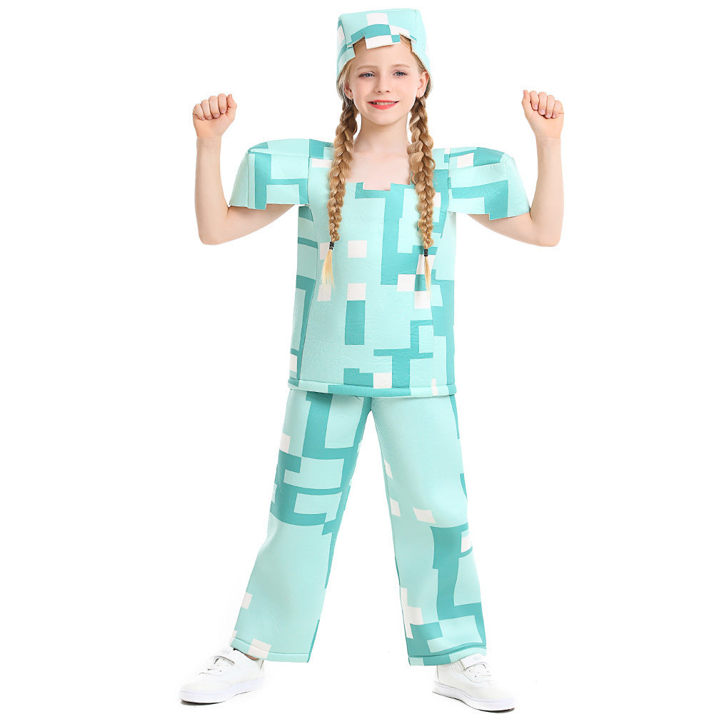 Kids pixel block print Halloween costume with boxy top, wide-leg pants and cube hat - view 3
