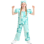 Kids pixel block print Halloween costume with boxy top, wide-leg pants and cube hat - view 3