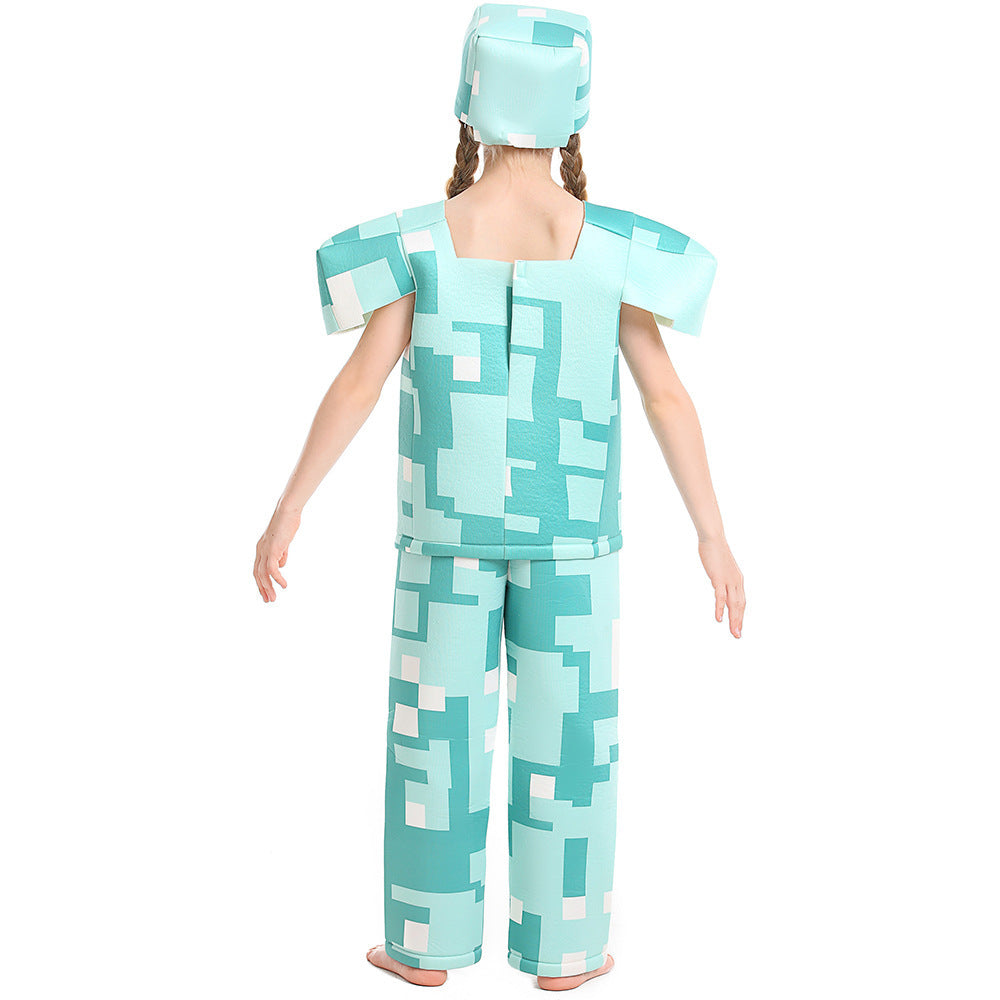 Kids pixel block print Halloween costume with boxy top, wide-leg pants and cube hat - view 4