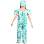 Kids pixel block print Halloween costume with boxy top, wide-leg pants and cube hat - view 4