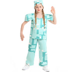 Kids pixel block print Halloween costume with boxy top, wide-leg pants and cube hat - view 5