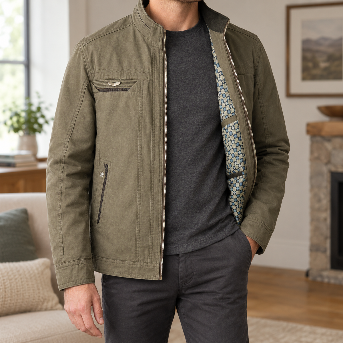Men's stand collar jacket worn open showing geometric patterned lining