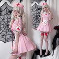 Women's pink nurse Halloween costume with white collar, apron and red cross details