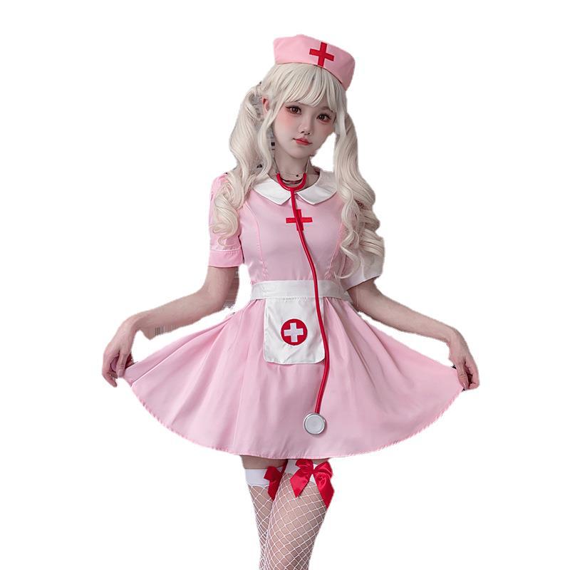 Women's pink nurse Halloween costume with white collar, apron and red cross details - view 5