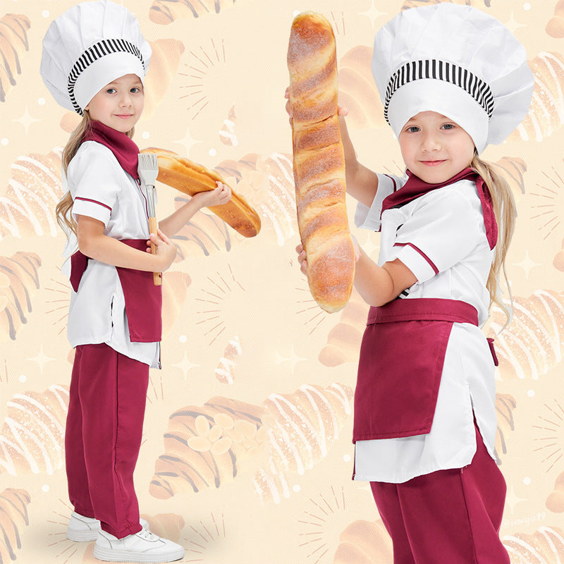 Girls chef costume with white jacket, burgundy apron and pants, and white chef hat
