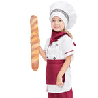 Girls chef costume with white jacket, burgundy apron and pants, and white chef hat - view 2
