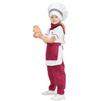 Girls chef costume with white jacket, burgundy apron and pants, and white chef hat - view 3