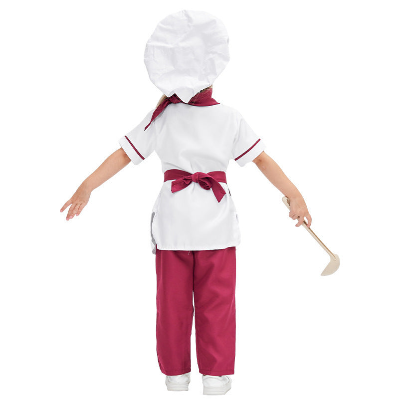 Girls chef costume with white jacket, burgundy apron and pants, and white chef hat - view 4