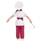 Girls chef costume with white jacket, burgundy apron and pants, and white chef hat - view 4