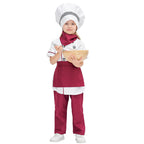 Girls chef costume with white jacket, burgundy apron and pants, and white chef hat - view 5