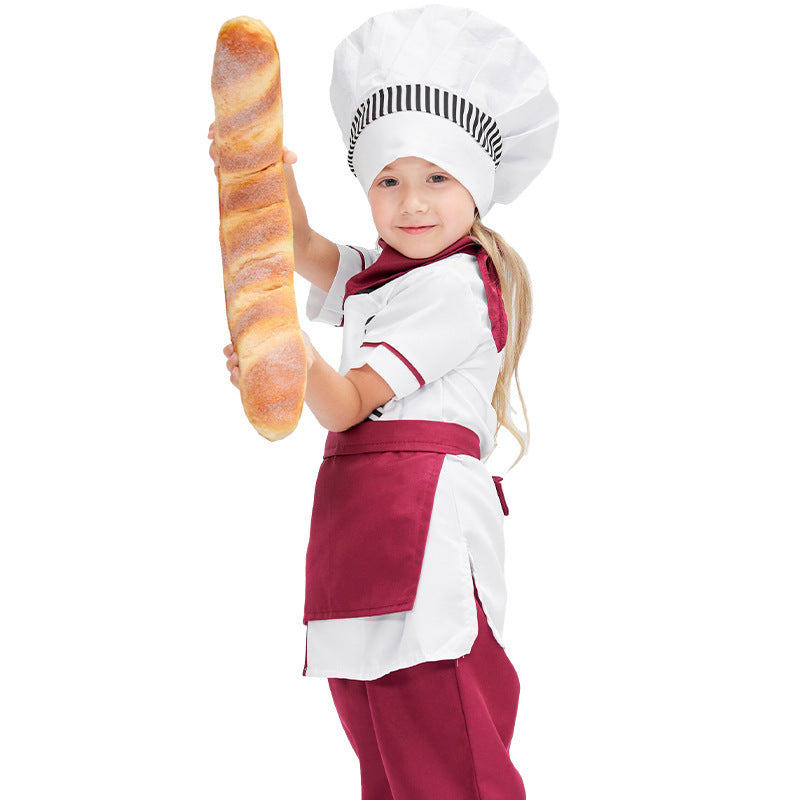 Girls chef costume with white jacket, burgundy apron and pants, and white chef hat - view 6
