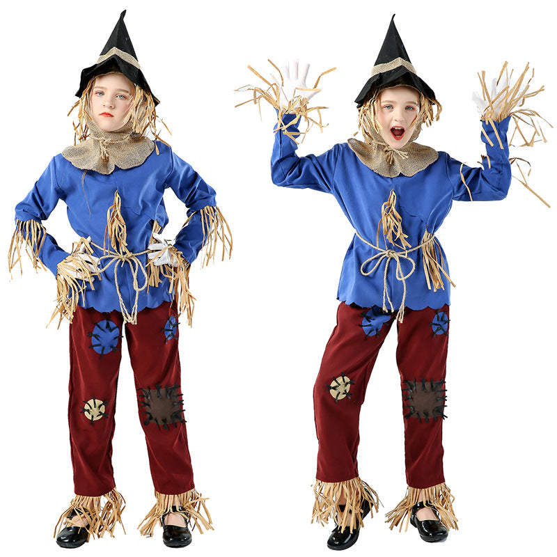 Girls scarecrow Halloween costume with blue fringed top and patched red pants