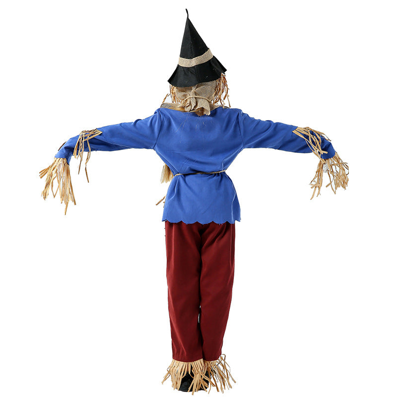 Girls scarecrow Halloween costume with blue fringed top and patched red pants - view 2