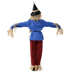 Girls scarecrow Halloween costume with blue fringed top and patched red pants - view 2