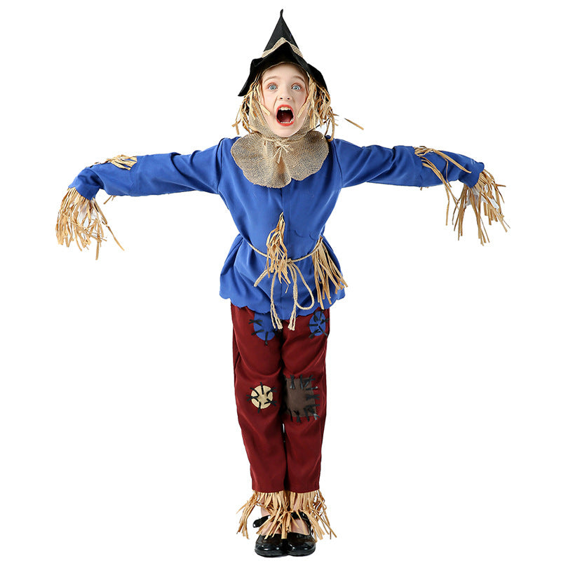Girls scarecrow Halloween costume with blue fringed top and patched red pants - view 3