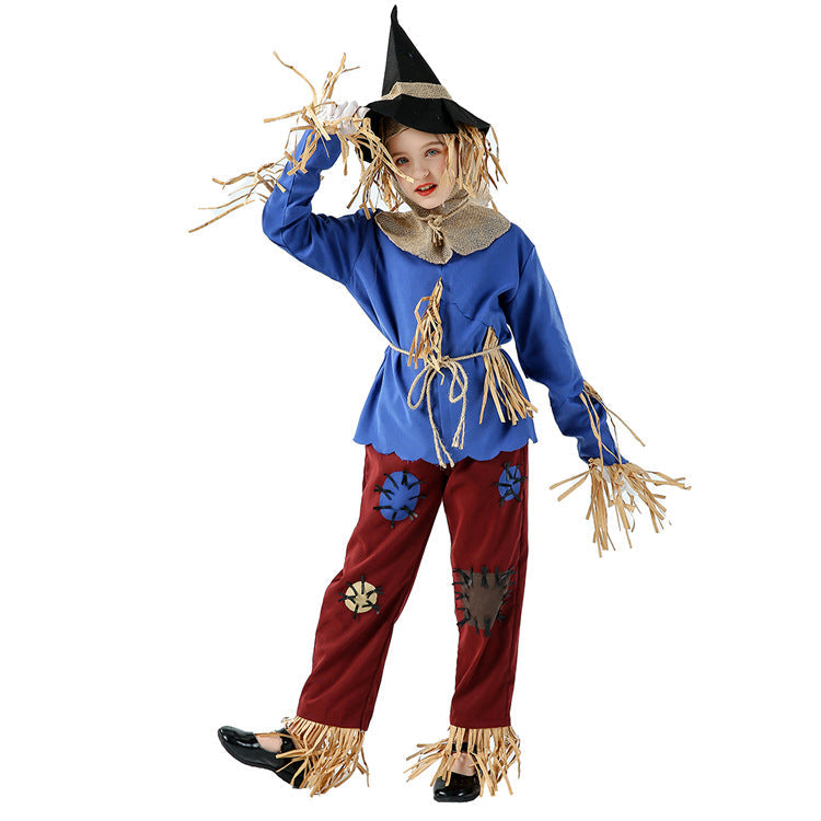 Girls scarecrow Halloween costume with blue fringed top and patched red pants - view 4