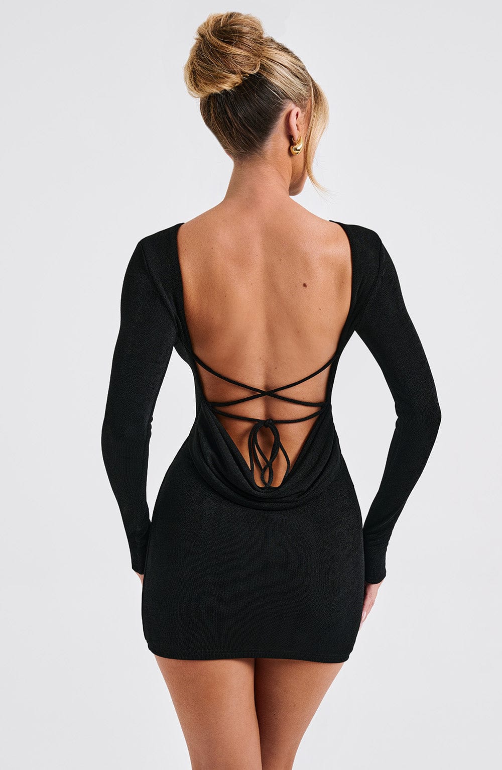 Long sleeve bodycon mini dress with boat neckline and lace-up open back - view 10