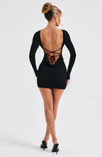 Long sleeve bodycon mini dress with boat neckline and lace-up open back - view 12