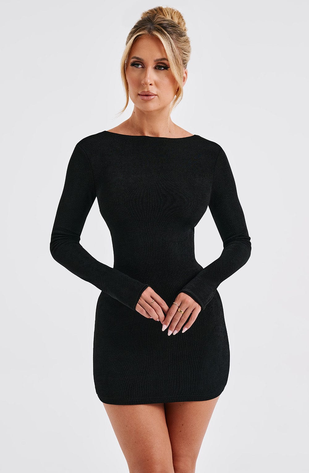 Long sleeve bodycon mini dress with boat neckline and lace-up open back - view 13