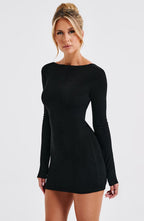 Long sleeve bodycon mini dress with boat neckline and lace-up open back - view 14
