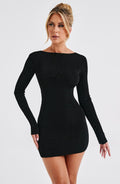 Long sleeve bodycon mini dress with boat neckline and lace-up open back - view 15