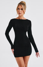 Long sleeve bodycon mini dress with boat neckline and lace-up open back - view 15