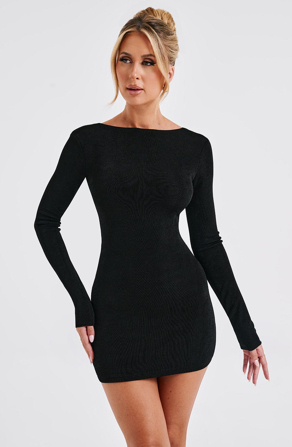 Long sleeve bodycon mini dress with boat neckline and lace-up open back - view 15