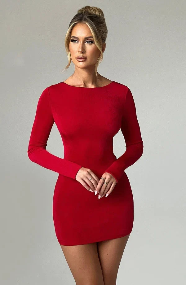 Long sleeve bodycon mini dress with boat neckline and lace-up open back - view 17
